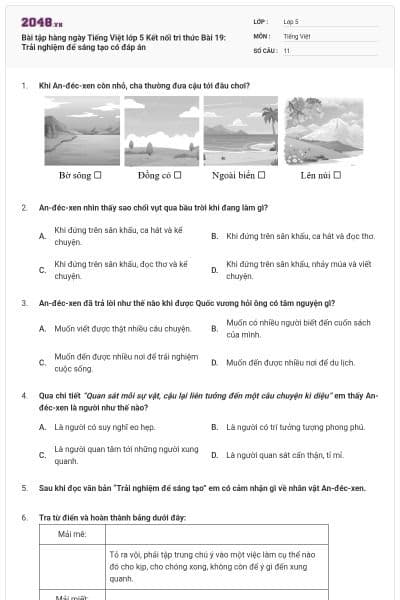 Bài tập hàng ngày Tiếng Việt lớp 5 Kết nối tri thức Bài 19: Trải nghiệm để sáng tạo có đáp án