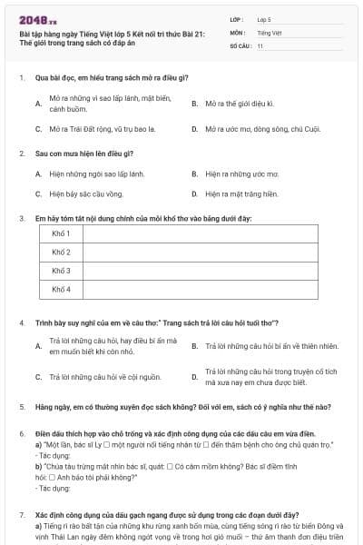 Bài tập hàng ngày Tiếng Việt lớp 5 Kết nối tri thức Bài 21: Thế giới trong trang sách có đáp án