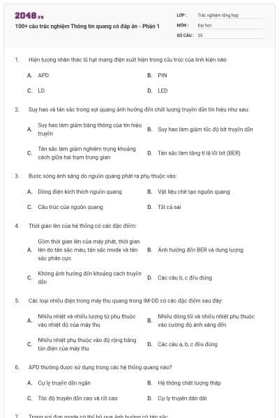 100+ câu trắc nghiệm Thông tin quang có đáp án - Phần 1