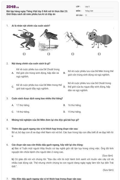 Bài tập hàng ngày Tiếng Việt lớp 5 Kết nối tri thức Bài 23: Giới thiệu sách dế mèn phiêu lưu kí có đáp án