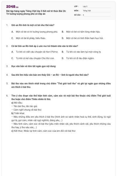 Bài tập hàng ngày Tiếng Việt lớp 5 Kết nối tri thức Bài 26: Trí tưởng tượng phong phú có đáp án