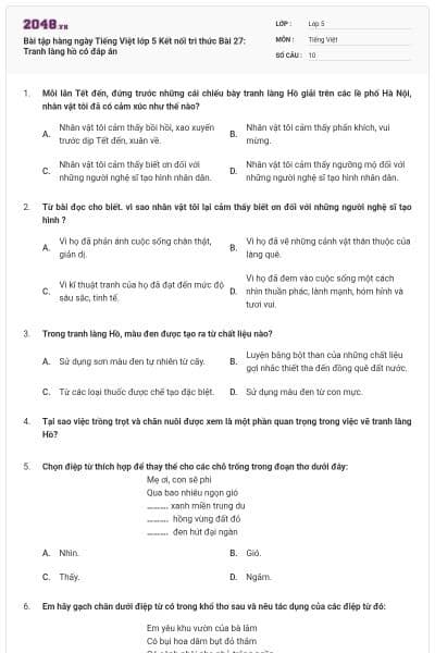 Bài tập hàng ngày Tiếng Việt lớp 5 Kết nối tri thức Bài 27: Tranh làng hồ có đáp án