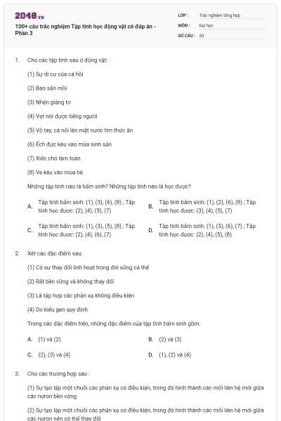 100+ câu trắc nghiệm Tập tính học động vật có đáp án - Phần 3