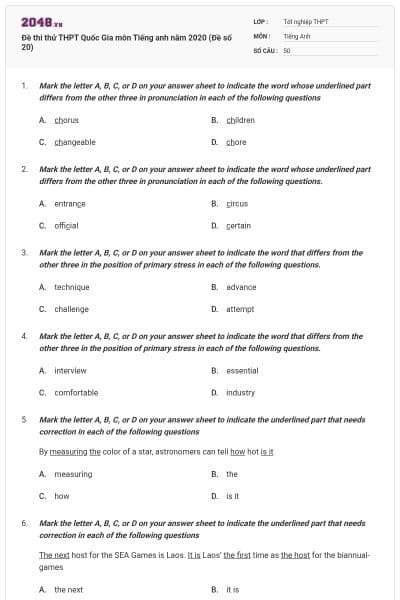 Đề thi thử THPT Quốc Gia môn Tiếng anh năm 2020 (Đề số 20)