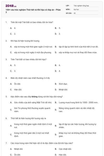 100+ câu trắc nghiệm Thời tiết và Khí hậu có đáp án - Phần 3