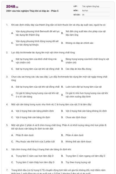 200+ câu trắc nghiệm Thủy khí có đáp án - Phần 5