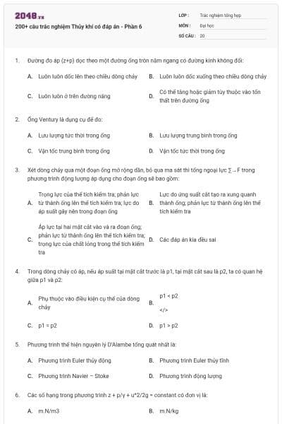 200+ câu trắc nghiệm Thủy khí có đáp án - Phần 6