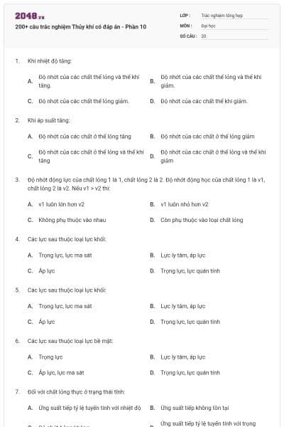 200+ câu trắc nghiệm Thủy khí có đáp án - Phần 10