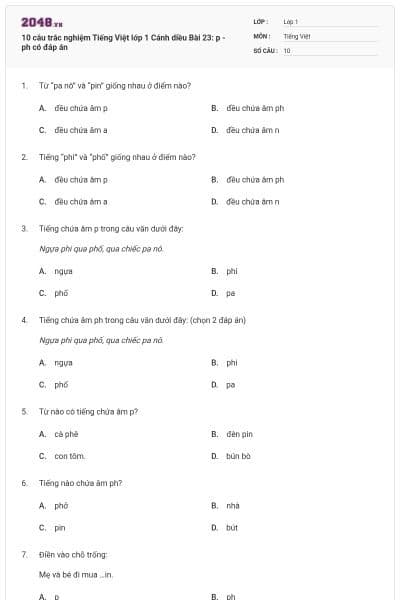 10 câu trắc nghiệm Tiếng Việt lớp 1 Cánh diều Bài 23: p - ph có đáp án