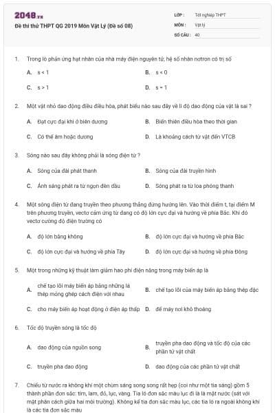 Đề thi thử THPT QG 2019 Môn Vật Lý (Đề số 08)