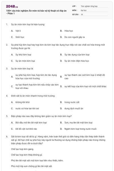 100+ câu trắc nghiệm Ăn mòn và bảo vệ kỹ thuật có đáp án - Phần 1