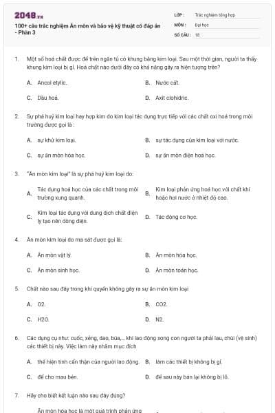 100+ câu trắc nghiệm Ăn mòn và bảo vệ kỹ thuật có đáp án - Phần 3