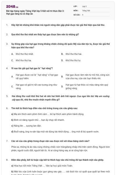 Bài tập hàng ngày Tiếng Việt lớp 5 Kết nối tri thức Bài 3: Hạt gạo làng ta có đáp án