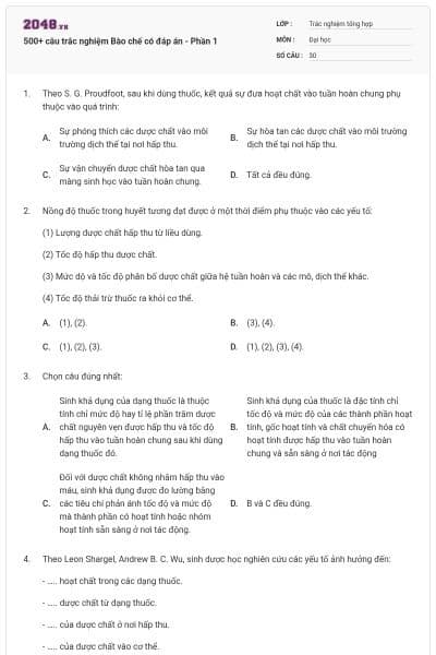 500+ câu trắc nghiệm Bào chế có đáp án - Phần 1
