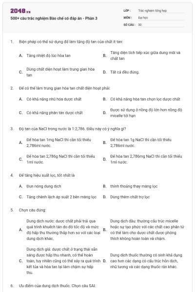 500+ câu trắc nghiệm Bào chế có đáp án - Phần 3