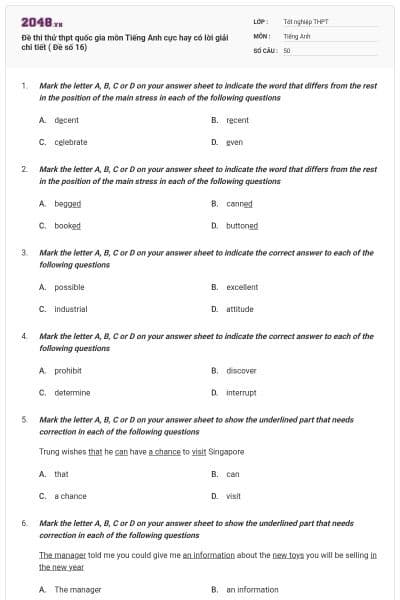 Đề thi thử thpt quốc gia môn Tiếng Anh cực hay có lời giải chi tiết ( Đề số 16)