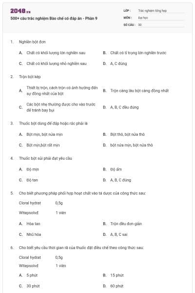 500+ câu trắc nghiệm Bào chế có đáp án - Phần 9