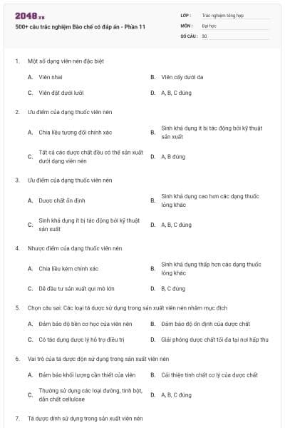 500+ câu trắc nghiệm Bào chế có đáp án - Phần 11