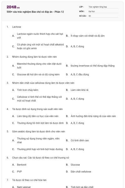 500+ câu trắc nghiệm Bào chế có đáp án - Phần 12
