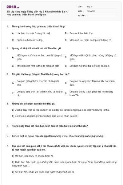 Bài tập hàng ngày Tiếng Việt lớp 5 Kết nối tri thức Bài 4: Hộp quà màu thiên thanh có đáp án