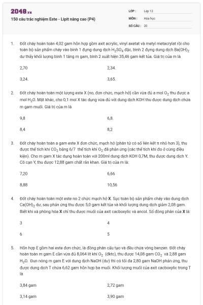 150 câu trắc nghiệm Este - Lipit nâng cao (P4)