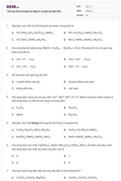 130 câu hỏi lý thuyết Sự điện li có giải chi tiết (P3)