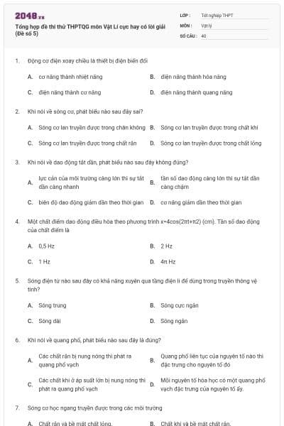 Tổng hợp đề thi thử THPTQG môn Vật Lí cực hay có lời giải (Đề số 5)