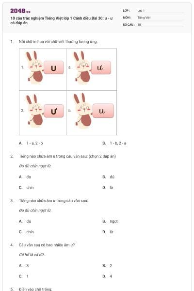 10 câu trắc nghiệm Tiếng Việt lớp 1 Cánh diều Bài 30: u - ư có đáp án