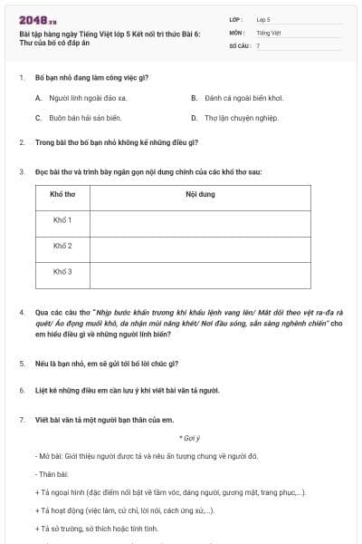 Bài tập hàng ngày Tiếng Việt lớp 5 Kết nối tri thức Bài 6: Thư của bố có đáp án