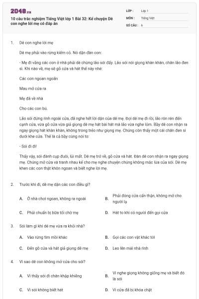 10 câu trắc nghiệm Tiếng Việt lớp 1 Bài 32: Kể chuyện Dê con nghe lời mẹ có đáp án