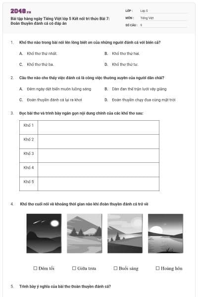 Bài tập hàng ngày Tiếng Việt lớp 5 Kết nối tri thức Bài 7: Đoàn thuyền đánh cá có đáp án