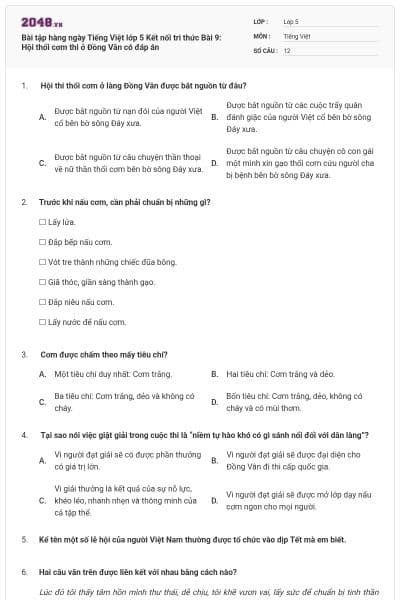 Bài tập hàng ngày Tiếng Việt lớp 5 Kết nối tri thức Bài 9: Hội thổi cơm thi ở Đồng Vân có đáp án