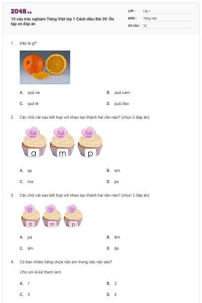 10 câu trắc nghiệm Tiếng Việt lớp 1 Cánh diều Bài 39: Ôn tập có đáp án