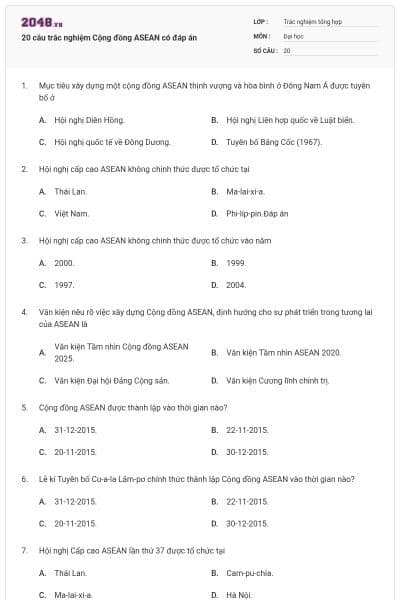 20 câu trắc nghiệm Cộng đồng ASEAN có đáp án
