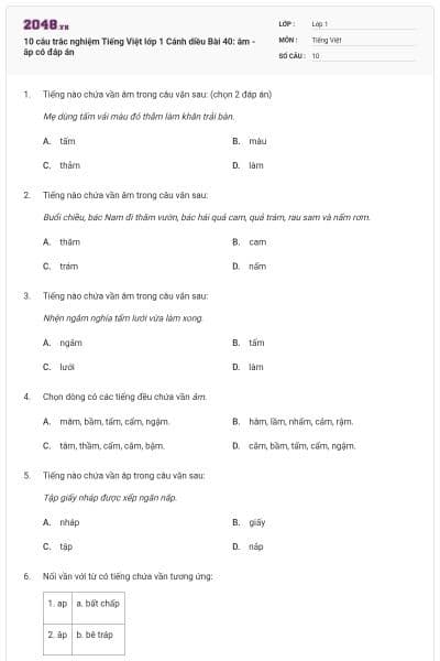 10 câu trắc nghiệm Tiếng Việt lớp 1 Cánh diều Bài 40: âm - âp có đáp án