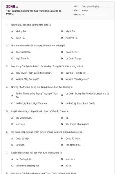 100+ câu trắc nghiệm Văn hóa Trung Quốc có đáp án - Phần 2