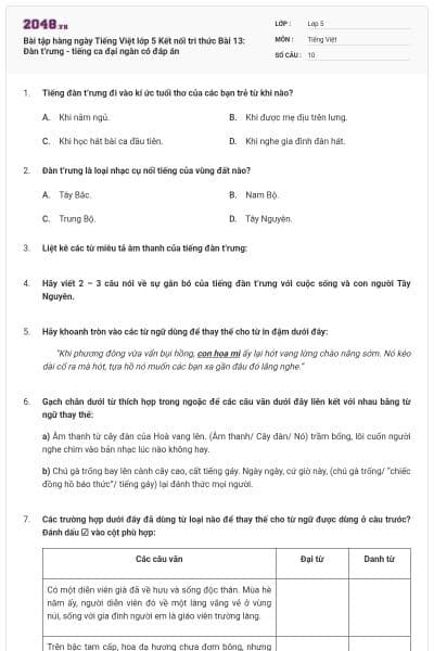 Bài tập hàng ngày Tiếng Việt lớp 5 Kết nối tri thức Bài 13: Đàn t’rưng - tiếng ca đại ngàn có đáp án