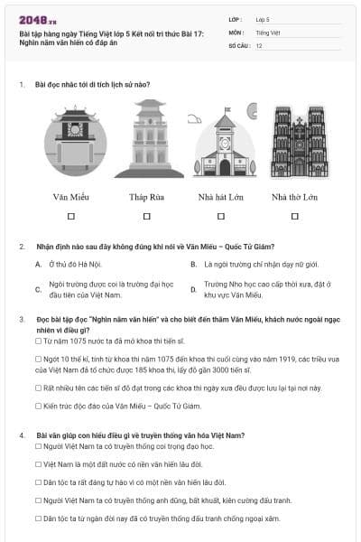 Bài tập hàng ngày Tiếng Việt lớp 5 Kết nối tri thức Bài 17: Nghìn năm văn hiến có đáp án