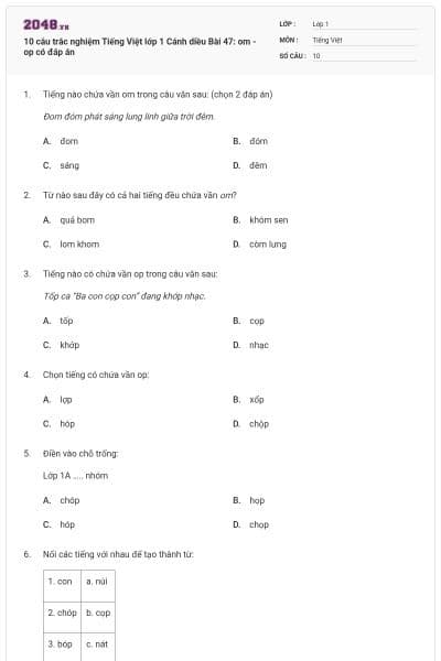 10 câu trắc nghiệm Tiếng Việt lớp 1 Cánh diều Bài 47: om - op có đáp án