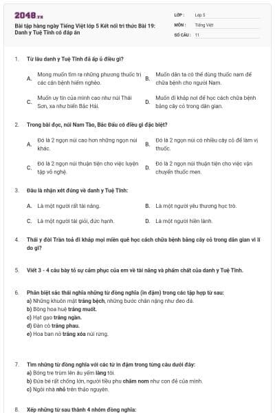 Bài tập hàng ngày Tiếng Việt lớp 5 Kết nối tri thức Bài 19: Danh y Tuệ Tĩnh có đáp án