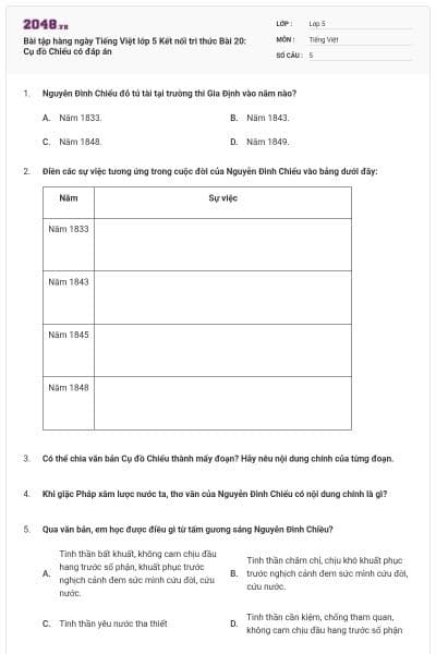 Bài tập hàng ngày Tiếng Việt lớp 5 Kết nối tri thức Bài 20: Cụ đồ Chiểu có đáp án