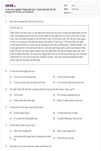 5 câu trắc nghiệm Tiếng Việt lớp 1 Cánh diều Bài 50: Kể chuyện Vịt và sơn ca có đáp án