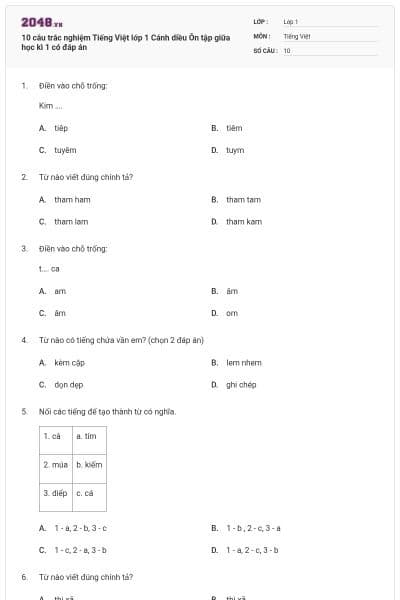 10 câu trắc nghiệm Tiếng Việt lớp 1 Cánh diều Ôn tập giữa học kì 1 có đáp án