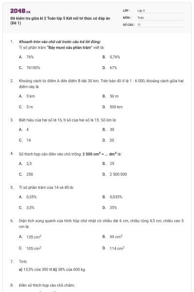 Đề kiểm tra giữa kì 2 Toán lớp 5 Kết nối tri thức có đáp án (Đề 1)