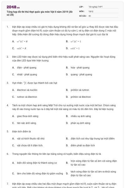 Tổng hợp đề thi thử thpt quốc gia môn Vật lí năm 2019 (đề số 28)
