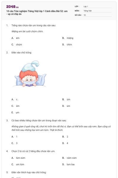 10 câu Trắc nghiệm Tiếng Việt lớp 1 Cánh diều Bài 52: um - up có đáp án
