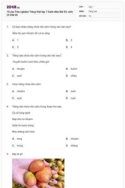 10 câu Trắc nghiệm Tiếng Việt lớp 1 Cánh diều Bài 53: uôm có đáp án