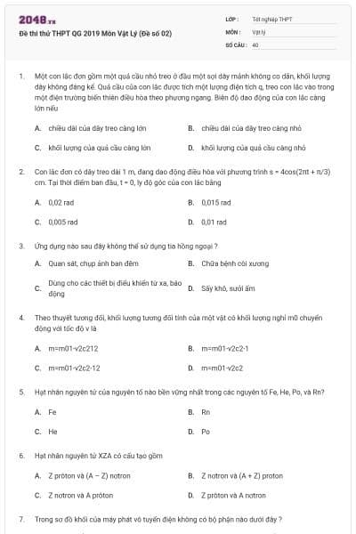 Đề thi thử THPT QG 2019 Môn Vật Lý (Đề số 02)