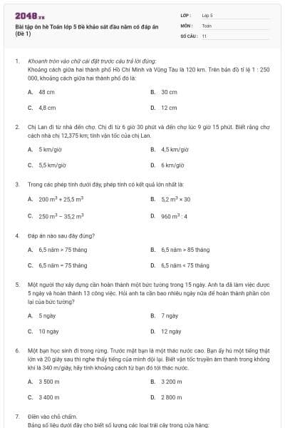 Bài tập ôn hè Toán lớp 5 Đề khảo sát đầu năm có đáp án (Đề 1)