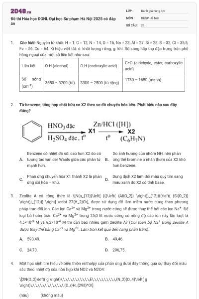 Đề thi Hóa học ĐGNL Đại học Sư phạm Hà Nội 2025 có đáp án